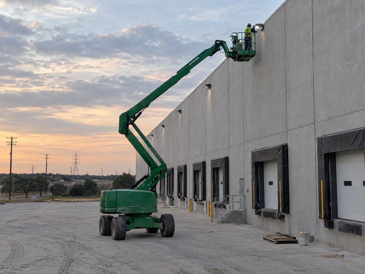 A green articulating boom lift raises a worker to a wall light on the tall concrete wall of a new warehouse at dusk.