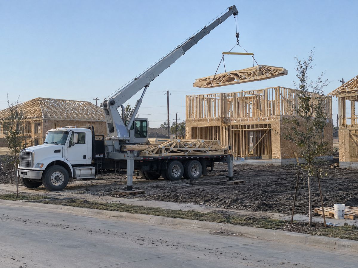 A white boom truck with its outriggers down lifts a bundle of wood roof trusses on a spreader bar toward a new two-story house frame.