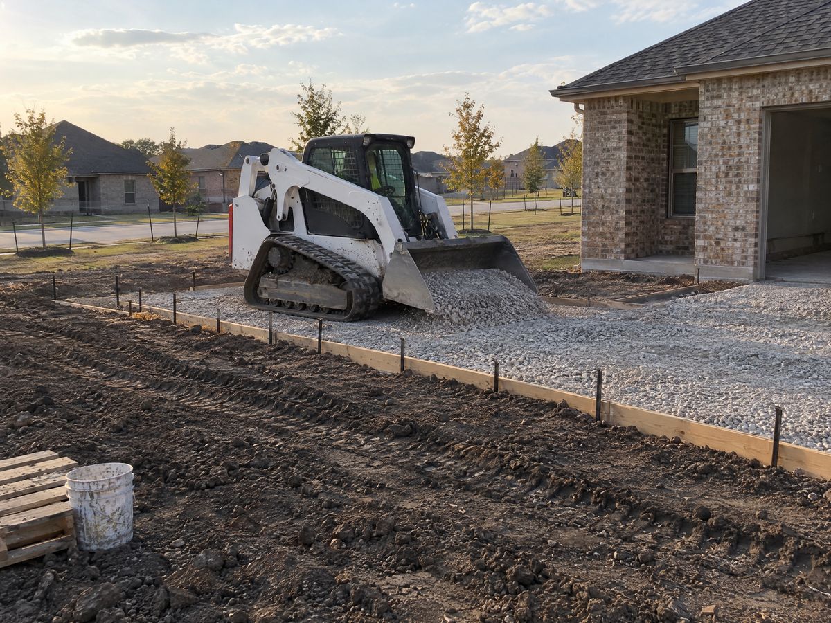 A white compact track loader spreads gravel base inside the wood forms of a new driveway beside a new brick house.