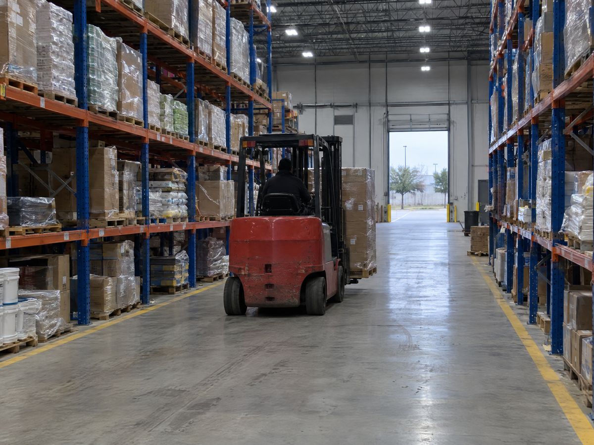 A red cushion-tire forklift carries a pallet of boxes down an aisle between tall loaded pallet racks in a distribution center.