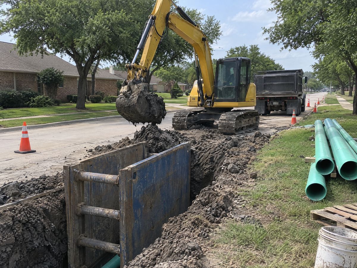 A yellow excavator digs a utility trench with a steel trench box along a suburban street, green sewer pipe stacked on the grass beside it.