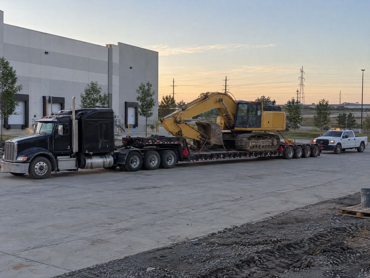 A black semi tractor and multi-axle lowboy trailer carry a chained-down yellow excavator past a new warehouse, a pickup with amber lights behind.