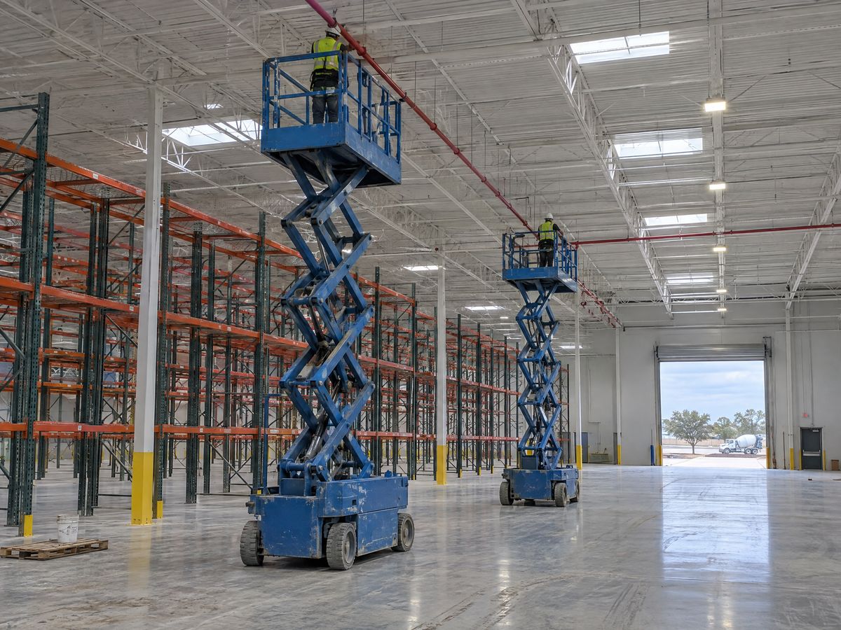 Two blue slab scissor lifts raise workers to the roof joists of a new warehouse, where red sprinkler pipe runs above empty pallet racks.