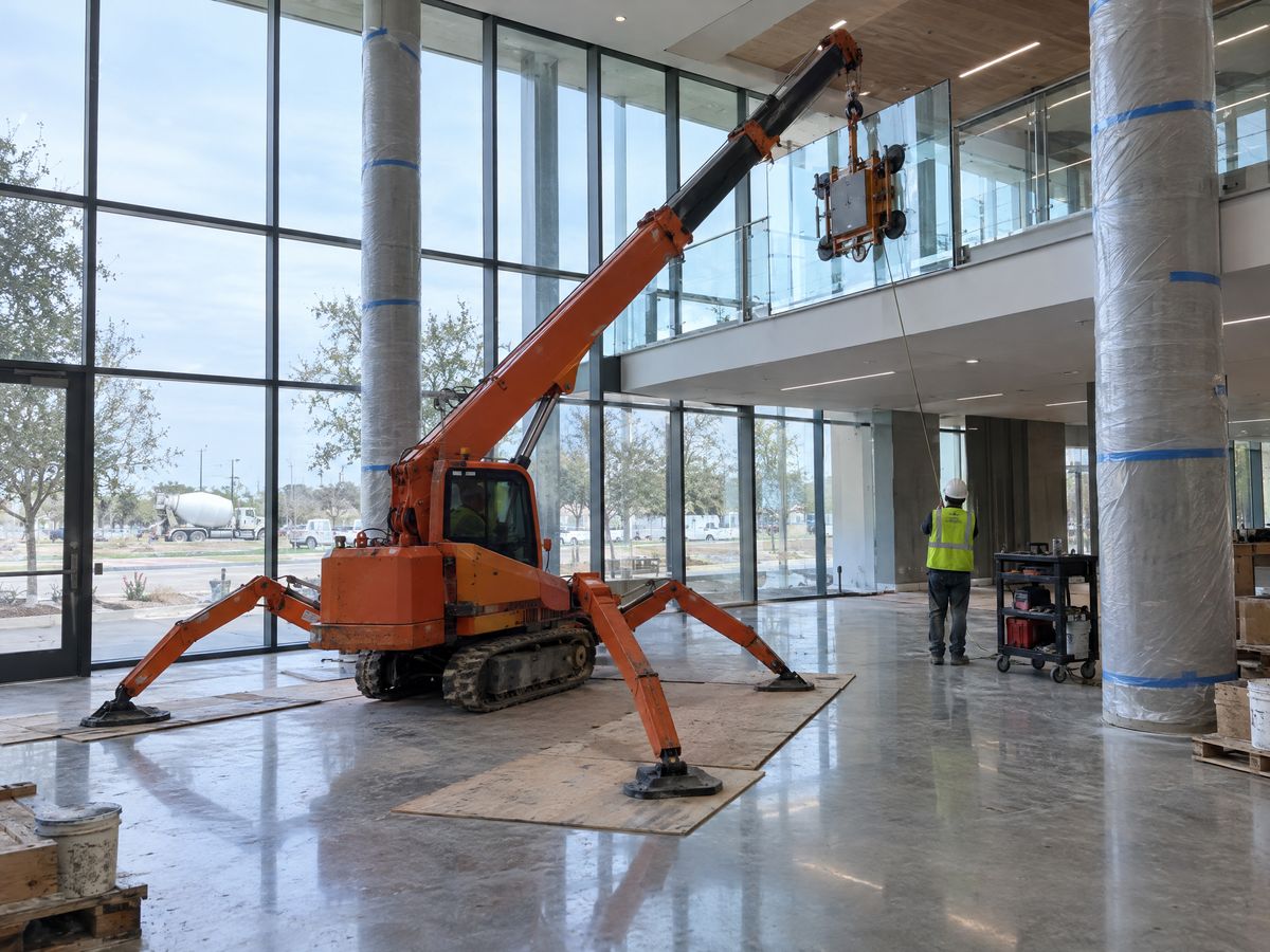 An orange spider crane on protective boards in a glass-walled office lobby lowers a glass panel on a vacuum lifter toward a mezzanine.