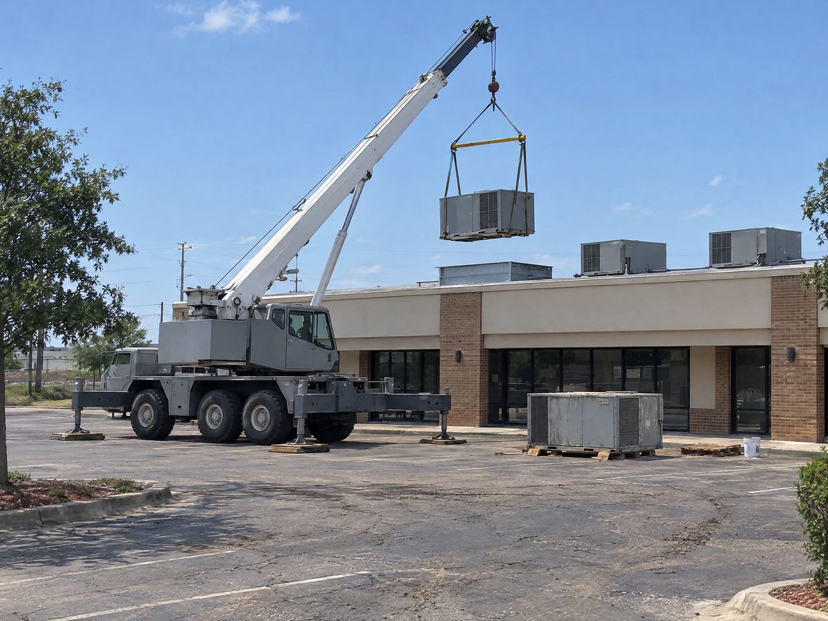 A grey truck crane in a parking lot lifts a packaged rooftop air-conditioning unit on a spreader bar toward the roof of a retail strip.